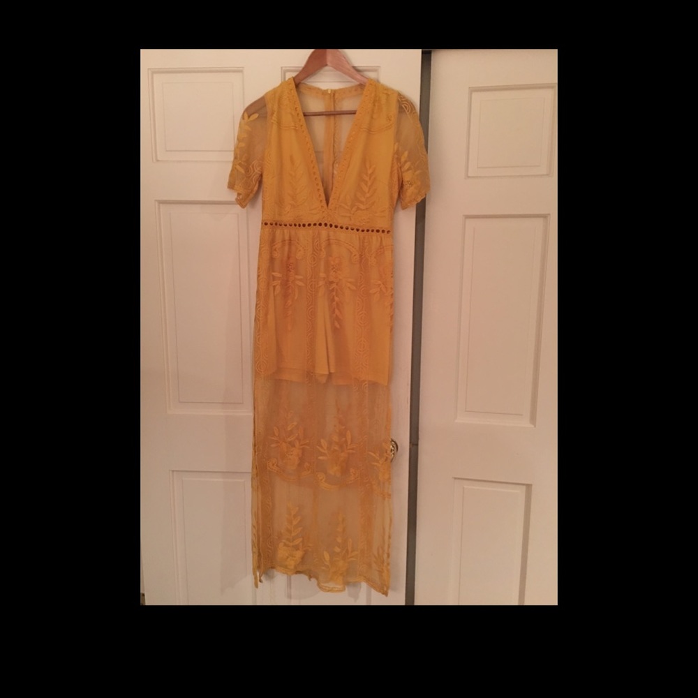 Mustard yellow lace dress with shorts under